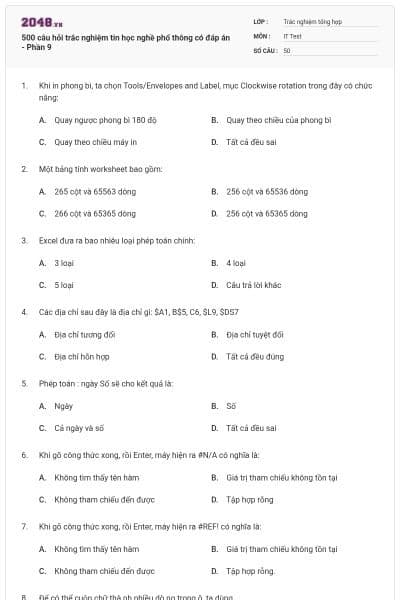 500 câu hỏi trắc nghiệm tin học nghề phổ thông có đáp án - Phần 9