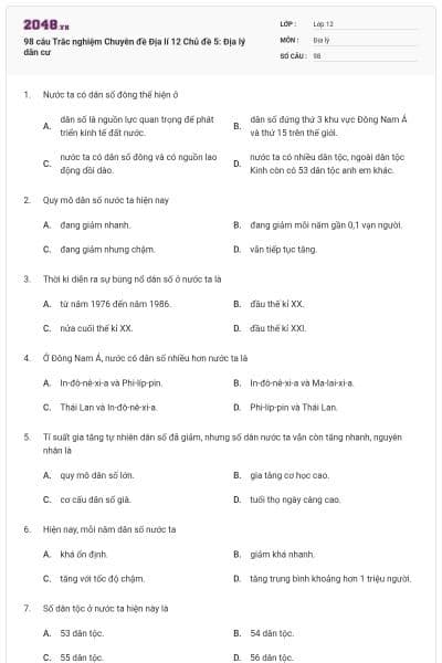 98 câu Trắc nghiệm Chuyên đề Địa lí 12 Chủ đề 5: Địa lý dân cư