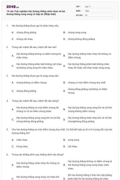 10 câu Trắc nghiệm Hai đường thẳng chéo nhau và hai đường thẳng song song có đáp án (Nhận biết)