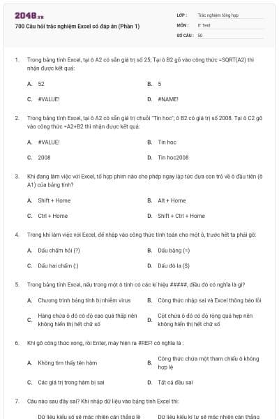 700 Câu hỏi trắc nghiệm Excel có đáp án (Phần 1)