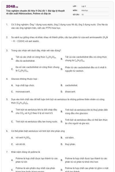 Trắc nghiệm chuyên đề Hóa 9 Chủ đề 1: Bài tập lý thuyết về dẫn xuất Hidrocacbon, Polime có đáp án