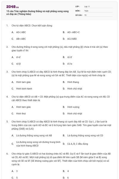 15 câu Trắc nghiệm Đường thẳng và mặt phẳng song song có đáp án (Thông hiểu)