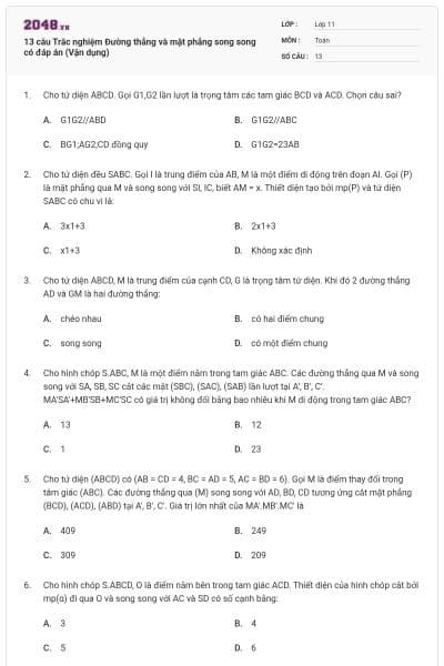 13 câu Trắc nghiệm Đường thẳng và mặt phẳng song song có đáp án (Vận dụng)