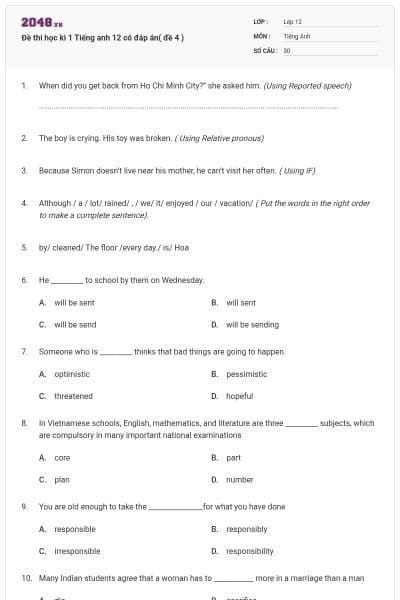 Đề thi học kì 1 Tiếng anh 12 có đáp án( đề 4 )