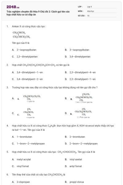 Trắc nghiệm chuyên đề Hóa 9 Chủ đề 2: Cách gọi tên các hợp chất hữu cơ có đáp án