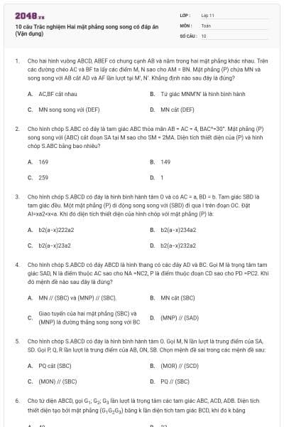 10 câu Trắc nghiệm Hai mặt phẳng song song có đáp án (Vận dụng)