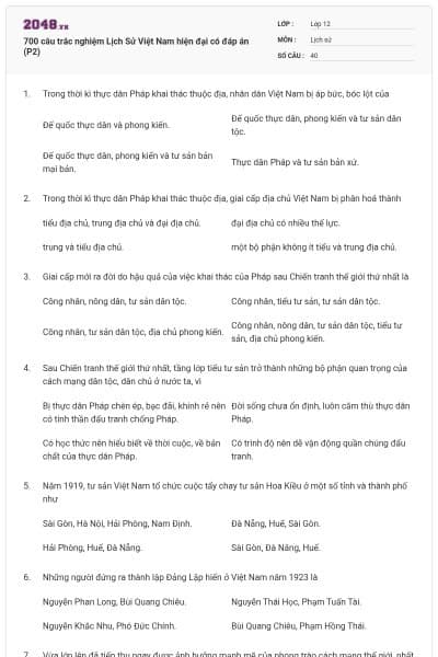 700 câu trắc nghiệm Lịch Sử Việt Nam hiện đại có đáp án (P2)