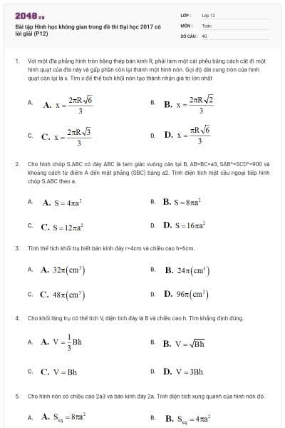 Bài tập Hình học không gian trong đề thi Đại học 2017 có lời giải (P12)