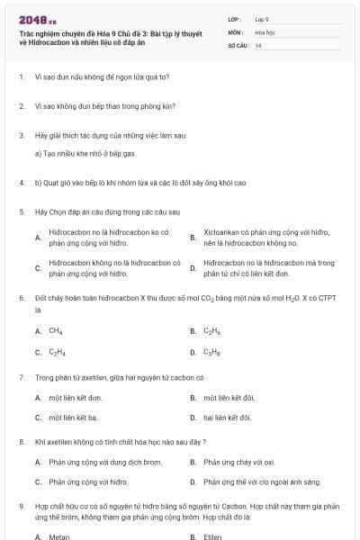 Trắc nghiệm chuyên đề Hóa 9 Chủ đề 3: Bài tập lý thuyết về Hidrocacbon và nhiên liệu có đáp án