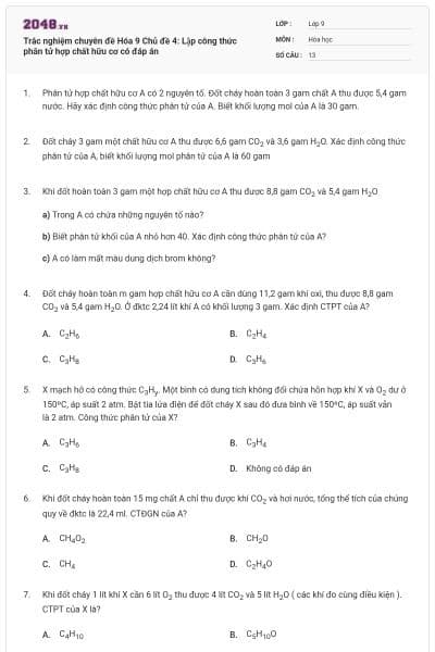 Trắc nghiệm chuyên đề Hóa 9 Chủ đề 4: Lập công thức phân tử hợp chất hữu cơ có đáp án