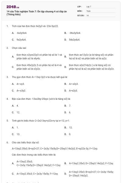 14 câu Trắc nghiệm Toán 7: Ôn tập chương 4 có đáp án (Thông hiểu)