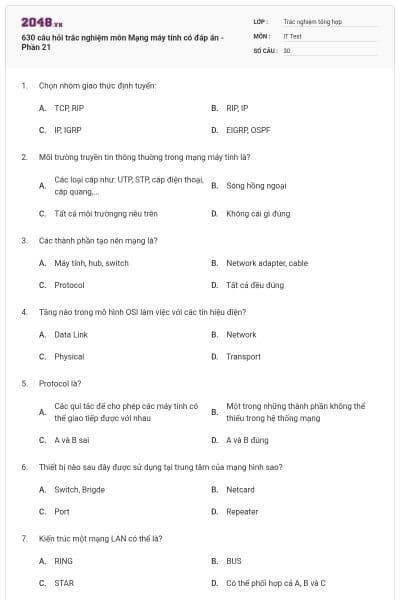 630 câu hỏi trắc nghiệm môn Mạng máy tính có đáp án - Phần 21