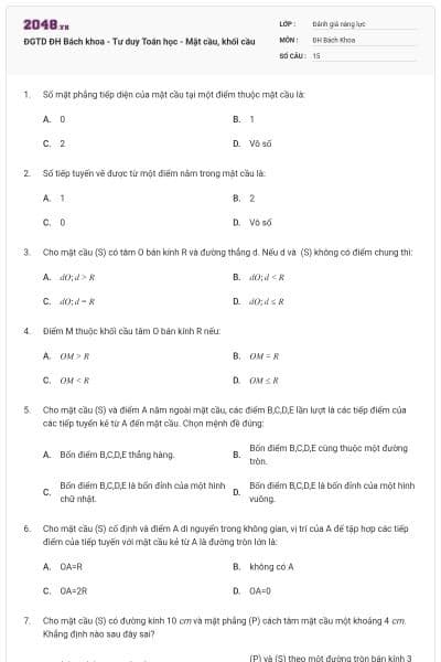 ĐGTD ĐH Bách khoa - Tư duy Toán học - Mặt cầu, khối cầu