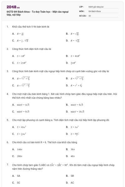 ĐGTD ĐH Bách khoa - Tư duy Toán học - Mặt cầu ngoại tiếp, nội tiếp