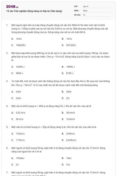 15 câu Trắc nghiệm Động năng có đáp án (Vận dụng)