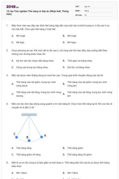 10 câu Trắc nghiệm Thế năng có đáp án (Nhận biết, Thông hiểu)
