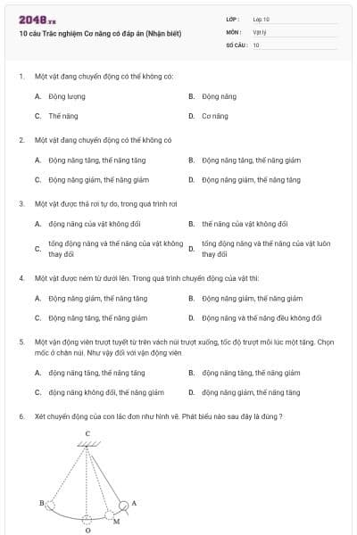 10 câu Trắc nghiệm Cơ năng có đáp án (Nhận biết)