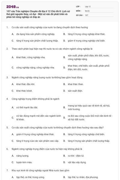 107 câu Trắc nghiệm Chuyên đề Địa lí 12 Chủ đề 8: Lịch sử thế giới nguyên thủy, cổ đại - Một số vấn đề phát triển và phân bố nông nghiệp có đáp án