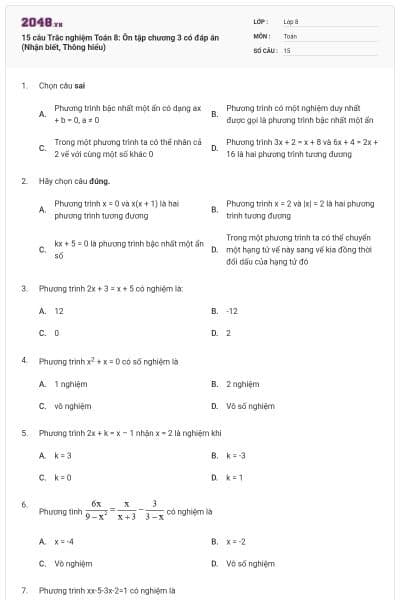 15 câu Trắc nghiệm Toán 8: Ôn tập chương 3 có đáp án (Nhận biết, Thông hiểu)