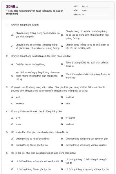 11 câu Trắc nghiệm Chuyển động thẳng đều có đáp án (Nhận biết)