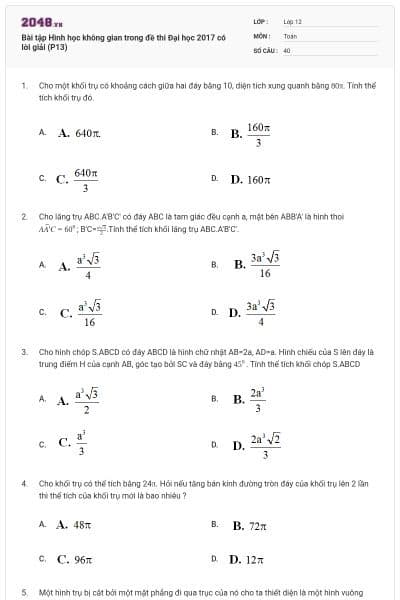 Bài tập Hình học không gian trong đề thi Đại học 2017 có lời giải (P13)