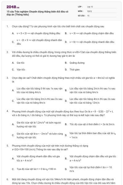 15 câu Trắc nghiệm Chuyển động thẳng biến đổi đều có đáp án (Thông hiểu)