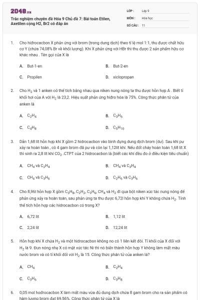 Trắc nghiệm chuyên đề Hóa 9 Chủ đề 7: Bài toán Etilen, Axetilen cộng H2, Br2 có đáp án