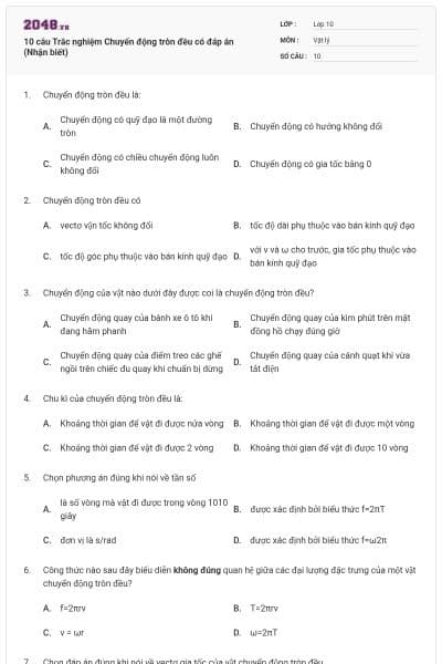10 câu Trắc nghiệm Chuyển động tròn đều có đáp án (Nhận biết)