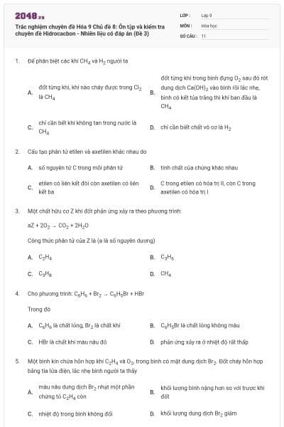 Trắc nghiệm chuyên đề Hóa 9 Chủ đề 8: Ôn tập và kiểm tra chuyên đề Hidrocacbon - Nhiên liệu có đáp án (Đề 3)