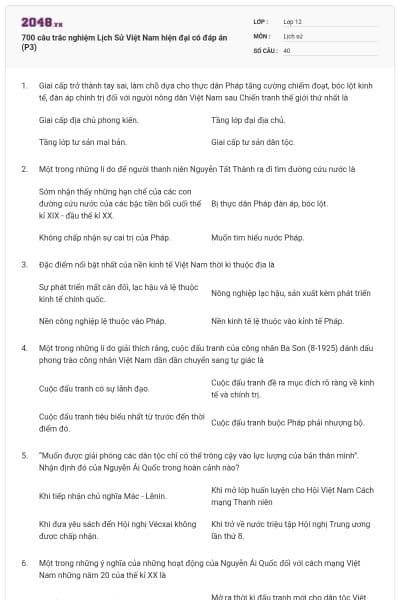 700 câu trắc nghiệm Lịch Sử Việt Nam hiện đại có đáp án (P3)