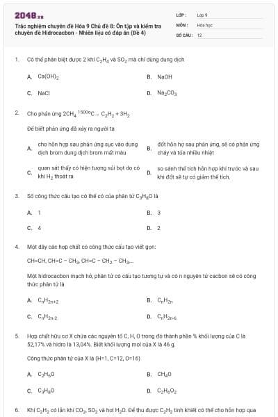 Trắc nghiệm chuyên đề Hóa 9 Chủ đề 8: Ôn tập và kiểm tra chuyên đề Hidrocacbon - Nhiên liệu có đáp án (Đề 4)