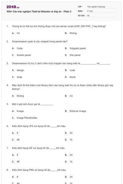 400+ Câu trắc nghiệm Thiết kế Website có đáp án - Phần 3