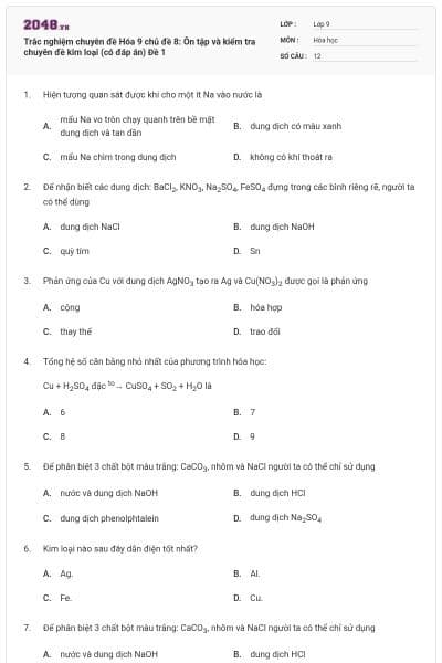 Trắc nghiệm chuyên đề Hóa 9 chủ đề 8: Ôn tập và kiểm tra chuyên đề kim loại (có đáp án) Đề 1