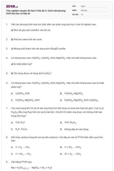Trắc nghiệm chuyên đề Hóa 9 Chủ đề 2: Cách viết phương trình hóa học có đáp án