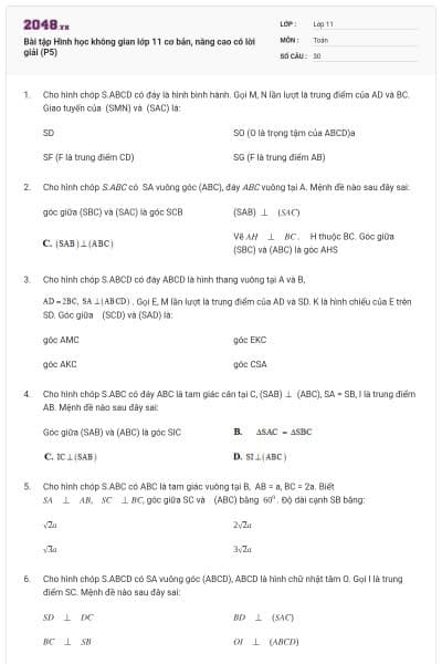Bài tập Hình học không gian lớp 11 cơ bản, nâng cao có lời giải (P5)