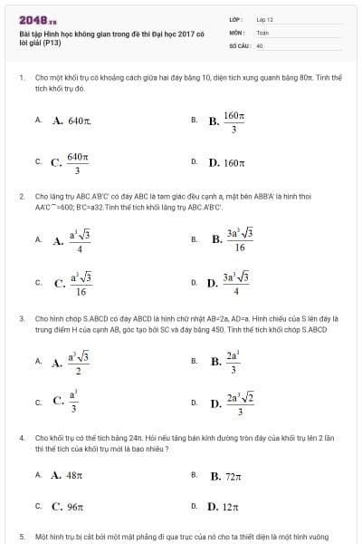 Bài tập Hình học không gian trong đề thi Đại học 2017 có lời giải (P13)