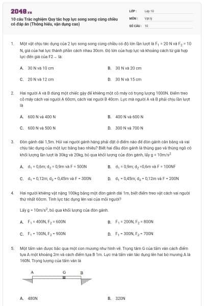 10 câu Trắc nghiệm Quy tắc hợp lực song song cùng chiều có đáp án (Thông hiểu, vận dụng cao)