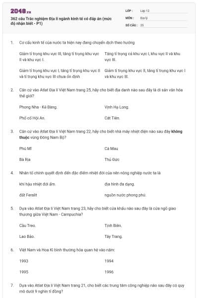 362 câu Trắc nghiệm Địa lí ngành kinh tế có đáp án (mức độ nhận biết - P1)
