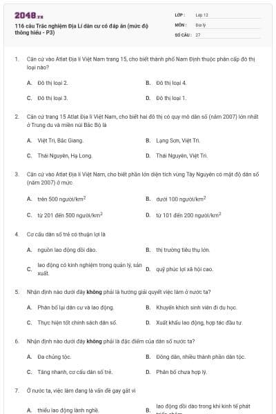 116 câu Trắc nghiệm Địa Lí dân cư có đáp án (mức độ thông hiểu - P3)