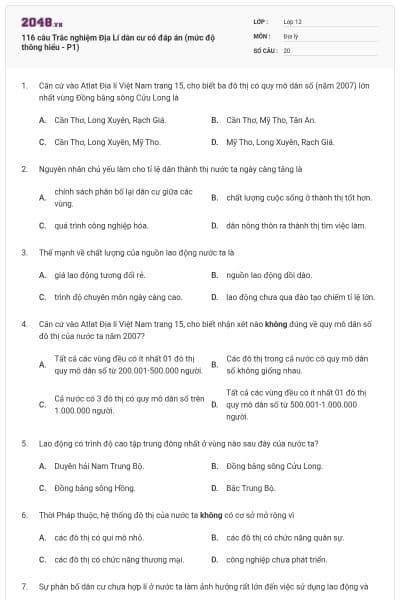 116 câu Trắc nghiệm Địa Lí dân cư có đáp án (mức độ thông hiểu - P1)