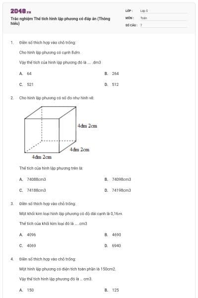 Trắc nghiệm Thể tích hình lập phương có đáp án (Thông hiểu)