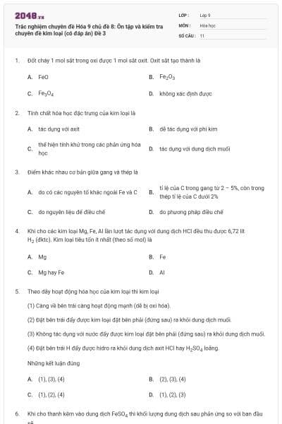 Trắc nghiệm chuyên đề Hóa 9 chủ đề 8: Ôn tập và kiểm tra chuyên đề kim loại (có đáp án) Đề 3