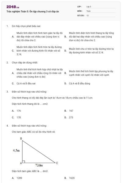 Trắc nghiệm Toán 5: Ôn tập chương 3 có đáp án