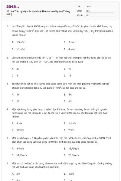 10 câu Trắc nghiệm Ba định luật Niu-tơn có đáp án (Thông hiểu)