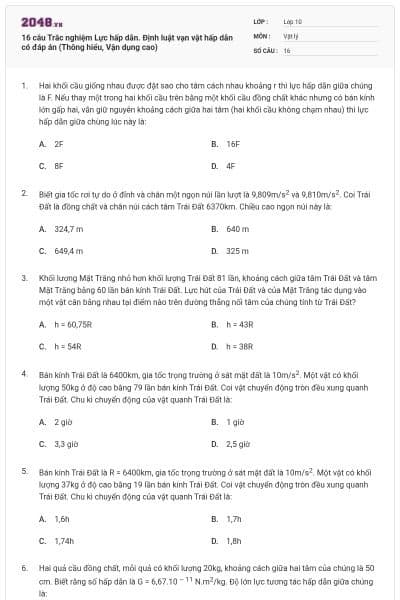 16 câu Trắc nghiệm Lực hấp dẫn. Định luật vạn vật hấp dẫn có đáp án (Thông hiểu, Vận dụng cao)