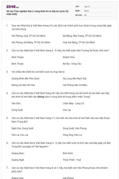 40 câu Trắc nghiệm Địa Lí vùng kinh tế có đáp án (mức độ nhận biết)