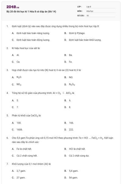 Bộ 20 đề thi học kì 1 Hóa 8 có đáp án (Đề 14)