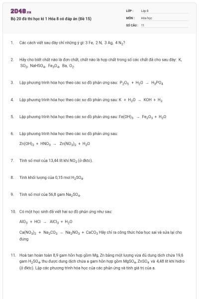 Bộ 20 đề thi học kì 1 Hóa 8 có đáp án (Đề 15)