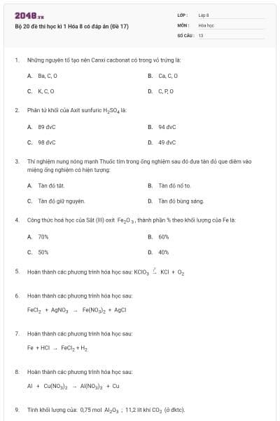 Bộ 20 đề thi học kì 1 Hóa 8 có đáp án (Đề 17)
