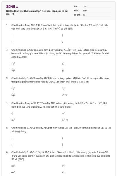 Bài tập Hình học không gian lớp 11 cơ bản, nâng cao có lời giải (P6)